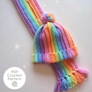 レインボーハットとスカーフのかぎ針編みパターンチュートリアル 初心者向けプロジェクト ボブルの作り方説明書 PDF カラフルニット 幼児向け 冬用キーホールデザイン 子供用
