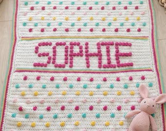 Personalized Baby Blanket Crochet Pattern Digital Download Baby Name Custom Design Rainbow Nursery Decor Idea Beginner Crochet Bobble Dots