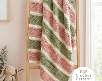 Pink & Sage Baby Blanket Crochet Pattern Beginner Afghan Tutorial Modern Design Blanket Nursery Throw Stripe Project Toddler Crib Shower