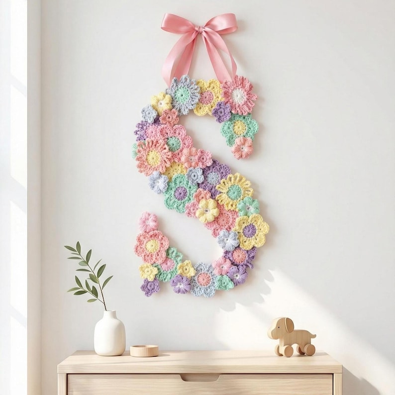 Puede incluir: Una letra "S" de ganchillo en colores pastel, adornada con flores de ganchillo rosas, amarillas, moradas y verdes. Cuelga de una pared con una cinta rosa. Un peque&ntilde;o perro de madera y un jarr&oacute;n est&aacute;n sobre una superficie de madera.