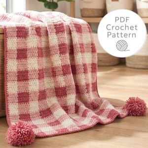 Mönster för virkad babyfilt i rutigt, rosa, nybörjarvänlig virkad filt, enkel att virka för flickor, babyshowerpresent, småbarn (PDF)