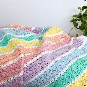 Rainbow Stripes Baby Blanket Crochet Pattern Pastel Afghan Tutorial Beginner Project Nursery Design Happy Colorful Shower Gift