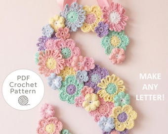 Letter Initial Crochet Flower Pattern Beginner Friendly Easy Tutorial Wall Hanging Floral Art Nursery Decoration Baby Room Handmade Gift