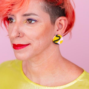 pink, yellow and black patterned handmade polymer clay earrings. geometrical statement oversized studs. colorful gift for girls. 80s earring
