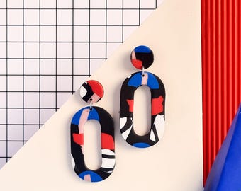 Handgefertigte Statement-Ohrringe aus Polymerclay, farbenfrohe Ohrhänger im Memphis-Design