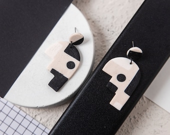 Black, beige and white postmodern handmade polymer clay earrings. Minimal, bauhaus, art deco, geometric modern jewelry, eighties dangles