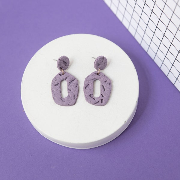 lilac textured handmade polymer clay earrings. One of a kind, minimal, memphis group, art deco, bauhaus, 80's, dangle statement earring