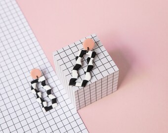 pink with black & white checker swiggle handmade polymer clay earrings. 80s earrings, minimal, memphis, Bauhaus, funky statement studs