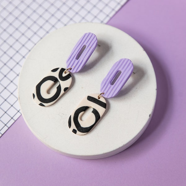 violet, black & white swiggle handmade polymer clay earrings. memphis group, art deco, bauhaus, 80's, dangle statement earring