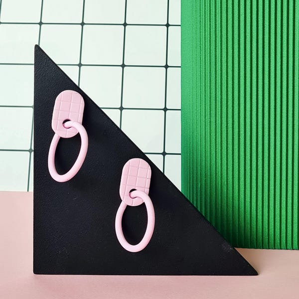Colorblock Polymer Clay Hoop Earrings: 80s Geometric Dangle