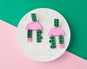 green and pink grid handmade memphis polymer clay earrings. One of a kind, colorblock, modern minimal, Bauhaus, fun pastel statement dangles