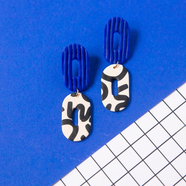 kobalt blue, black & white swiggle handmade polymer clay earrings. memphis group, art deco, bauhaus, 80's, dangle statement earring