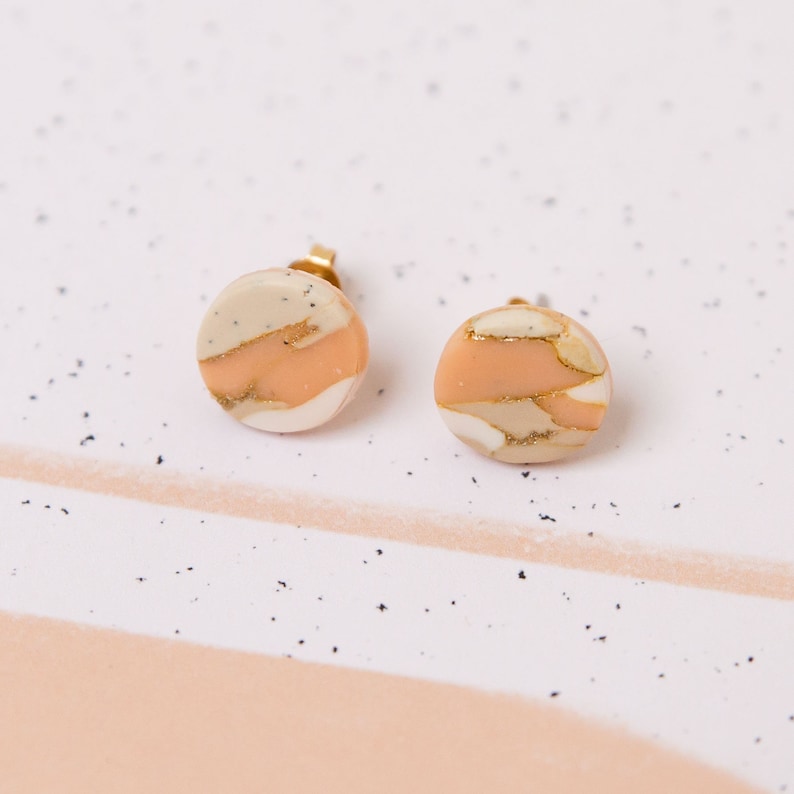 One of a kind minimal modern Art Deco Bauhaus geometrical statement arch stud blush and gold marbled handmade polymer clay earrings