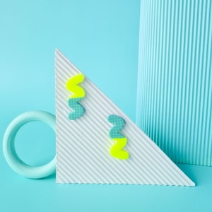 Neon handmade polymer earrings in 2 color combinations . 80s, neo memphis, minimal, fluo, funky, colourful zigzag screenprinted with grid