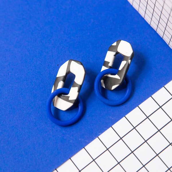 kobalt blue, black & white swiggle handmade polymer clay earrings. memphis group, art deco, bauhaus, 80's, dangle statement earring