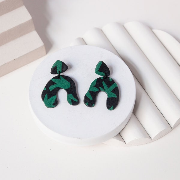 Black and green textured botanical handmade polymer clay earrings. One of a kind, modern minimal, Bauhaus 80's lightweight statement dangles