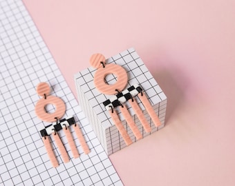 pink with black & white checker swiggle handmade polymer clay earrings. 80s earrings, minimal, memphis, Bauhaus, funky statement dangles