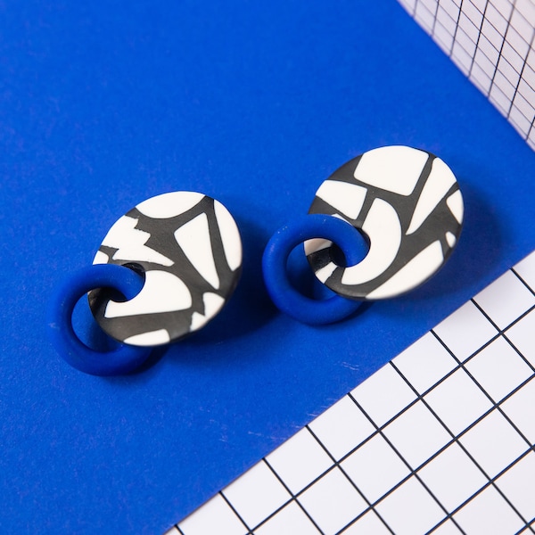 kobalt blue, black & white swiggle handmade polymer clay earrings. memphis group, art deco, bauhaus, 80's, dangle statement earring