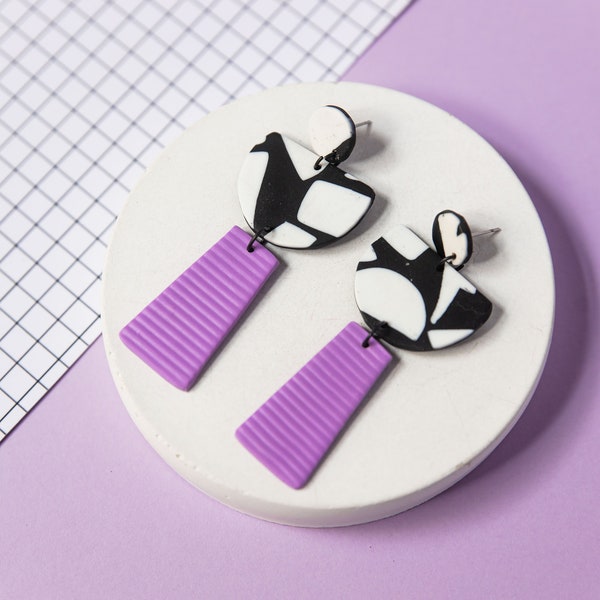 violet, black & white pattern handmade polymer clay earrings. memphis group, art deco, bauhaus, 80's, dangle statement earring