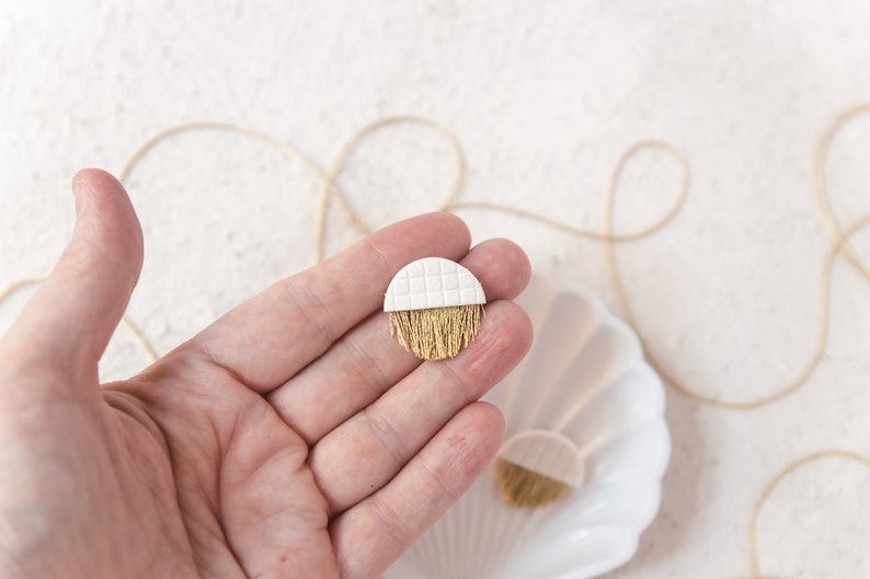 White textured earrings with grid and gold fringe. Handmade polymer clay minimal modern art deco jewelry. Elegant wedding collection dangles image 3