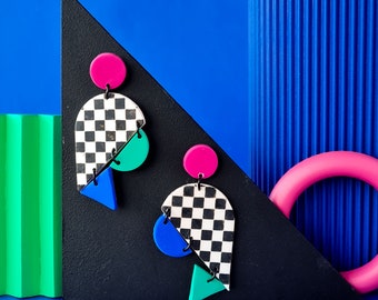 3 couleurs - Boucles d'oreilles colorées et amusantes en pâte polymère de style Memphis - Bijoux suspendus maximalistes en damier géométrique