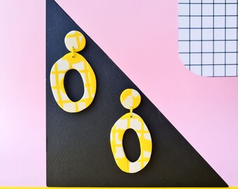 yellow grid memphis handmade polymer clay earrings . geometrical statement dangles with 90's retro design