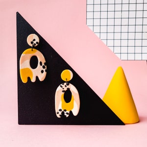 pink, yellow, black and white organic shape memphis handmade polymer clay earrings. geometrical statement dangles. colorful gift for girls