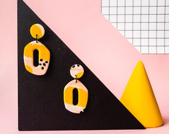 pink, yellow, black and white organic shape memphis handmade polymer clay earrings. geometrical statement dangles. colorful gift for girls
