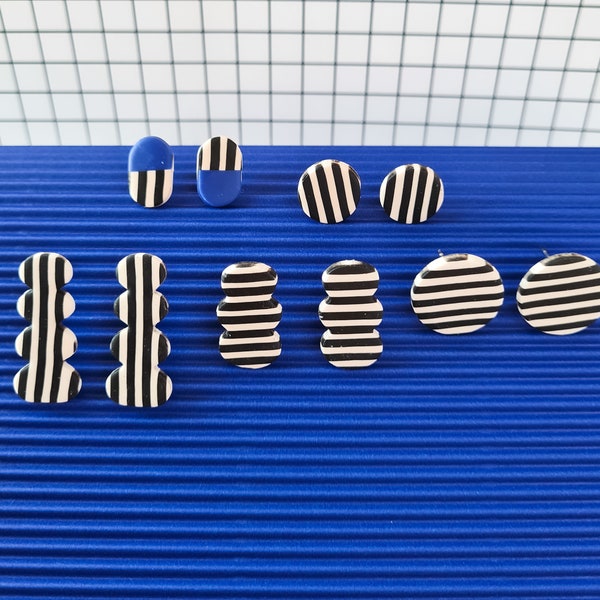 kobalt blue, black & white striped handmade polymer clay earrings. memphis group, art deco, bauhaus, 80's,  statement minimal earring stud