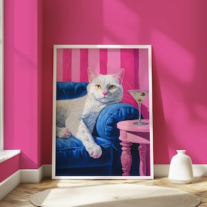 Martini Cat Digital Wall Art, plakat Couch Cat, wydruk cyfrowy, wystrój artystyczny, salon domowy, prezent dla miłośników kotów