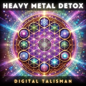 Peut inclure: Un talisman numérique avec un motif géométrique dans des tons de violet, vert et or. Le motif présente un motif de fleur de vie avec une spirale au centre. Le texte "HEAVY METAL DETOX" apparaît en haut et "DIGITAL TALISMAN" en bas.