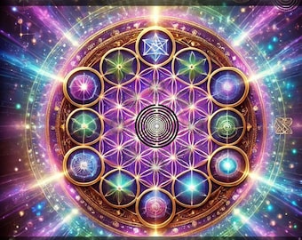May include: A digital talisman with a geometric design in shades of purple, green, and gold. The design features a flower of life pattern with a spiral in the center. The text "HEAVY METAL DETOX" appears at the top and "DIGITAL TALISMAN" at the bottom.