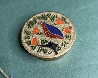 Vintage Brass Enamel Bird Trinket Box