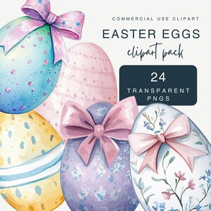 Watercolor Easter Eggs Clipart for Commercial Use, Transparent PNGs, 300 dpi, Eggs, Clolourful, Basket, Spring, Bows.