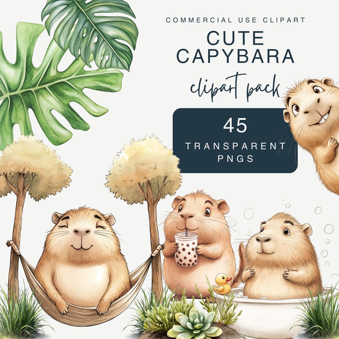 Cute Watercolor Capybara Clipart Bundle for Commercial Use, Transparent ...