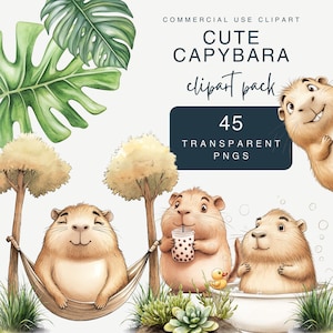 Cute Watercolor Capybara Clipart Bundle for Commercial Use, Transparent PNGs, 300 dpi. Graphics for ars and craft projects.