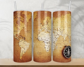 Vaso delgado de 20 oz con mapa del mundo (diseño de sublimación PNG), vaso con brújula (PNG), envoltura para vaso (PNG), diseños de vasos de 20 oz, descarga