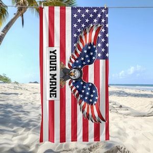 4th of July Eagle Beach Towel, Patriotic American Flag Custom Towel, Independence Day Pool Towel, Summer Travel Gift, USA Holiday Decor