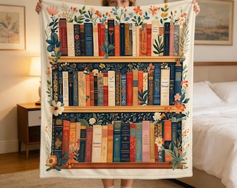 Narzuta na półkę Cottagecore Bookshelf Throw Blanket, motyw kwiatowy z biblioteki w stylu vintage, przytulny prezent dla czytelników, miłośników książek i element wystroju wnętrz