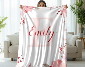 Couverture personnalisée avec nom fleurs sauvages, couverture en flanelle personnalisée pour bébé fille, cadeau nouveau-né et maman, cadeau de baby shower, décoration de chambre d'enfant, cadeau pour elle