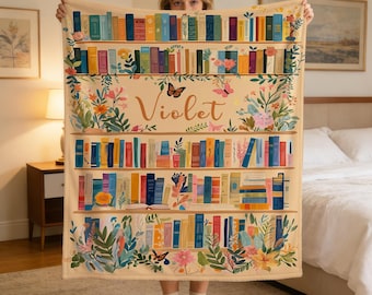 Personalized Bookshelf Throw Blanket with Name, Vintage Library Floral Cottagecore Style, Cozy Bookish Gift for Readers, Book Lover Gift
