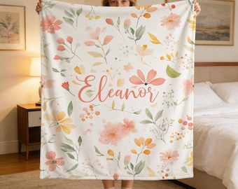 Personalized Teen Girl Blanket, Custom Name Kids Throw, Soft Cozy Floral Blanket, Tween Gift, Preppy Blanket for Birthday or Room Decor