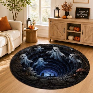May include: A round area rug featuring a 3D-style optical illusion of a dark, rocky abyss. Four white, translucent ghosts float above the hole, which reveals a distant, moonlit graveyard scene at the bottom. The rug has a textured, stone-like border.
