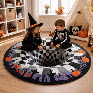 May include: A round area rug featuring a black and white checkered pattern that creates a 3D optical illusion of a deep hole in the center. The border is decorated with orange pumpkins, purple silhouettes of trees, and gravestones on a black background.