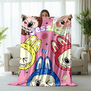 Custom Labubu Blanket, Personalized Flannel Blanket for Girls, Cute Labubu Gift, Pink and Blue Kids Blanket, Gift for Her, Labubu Lover Gift