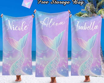 Mermaid Personalized Beach Towel, Custom Name Towel for Kids, Mermaid Birthday Gift, Pool Party Favor, Bachelorette or Vacation Trip Towel