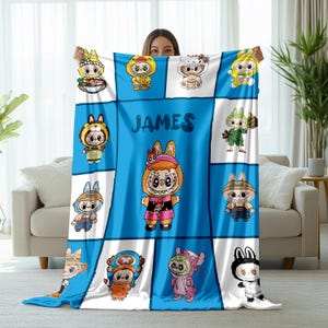 Personalized Labubu Flannel Blanket, Custom Cute Labubu Blanket, Kawaii Gift for Her, Pink Blue Throw Blanket for Girls, Labubu Lover Gift