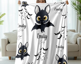 Süße Fledermaus-Decke, Fledermaus-Liebhaber-Geschenk, personalisierte Name Flanell-Decke, weicher Baby-Kinderzimmer-Überwurf, gemütliches Fledermaus-Themen-Geschenk, individuelles Halloween-Geschenk