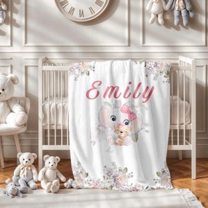 Custom Baby Name Blanket, Floral Elephant Baby Blanket, Name Blanket for Girls, Baby Girl Nursery Blanket, Elephant Name Blanket Gift
