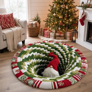 Jultomte Vortex 3D Rund Matta, Quilt Patchwork Optisk Illusion Golvmatta, Halkfri Matta för Julheminredning, Julklapp